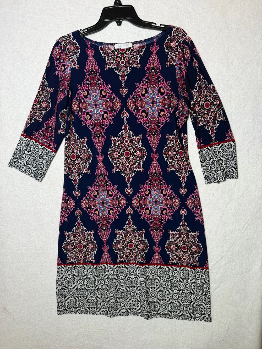 Boho London Times Navy Dress with Pink Medallion Print Carpet Border Shift